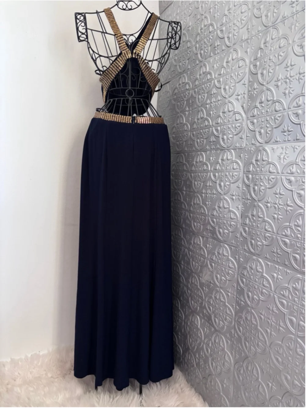Joanna Chen Elegant Cut out padded beaded gown halter maxi dress navy blue gold